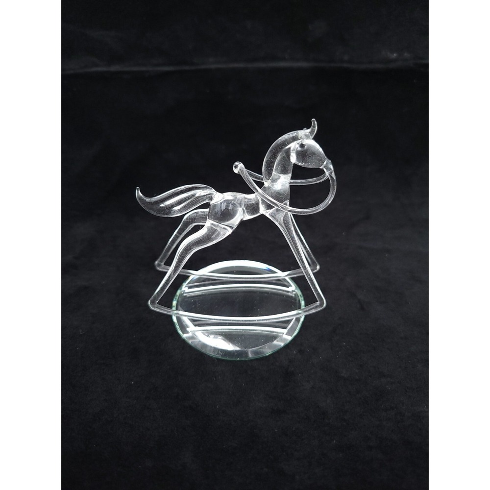 Art Glass Rocking Horse Figurine on Mirrored Glass Display Vintage Delicate